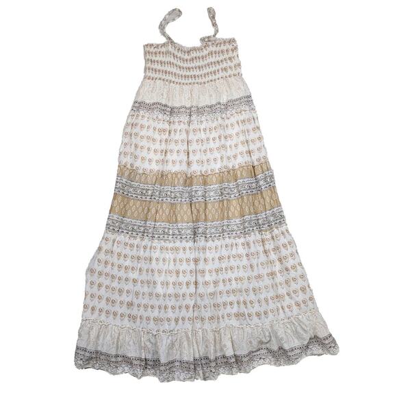 Cache Smocked Tiered White, Tan and Gold Sundress Size Large - Picture 1 of 7